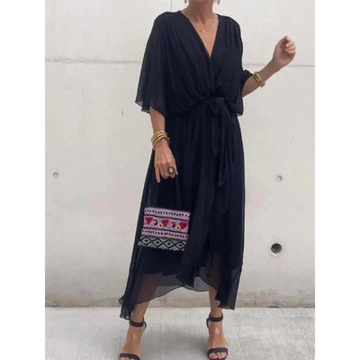 Women’s Maxi Dress – Relaxed Fit – Batwing Sleeves – Tie Waist – Asymmetrical Hem