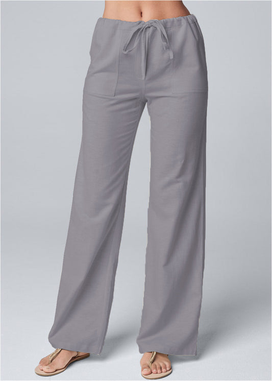 Women’s Wide-Leg Trousers – Cotton Linen Blend – High Waist – Drawstring Waistband