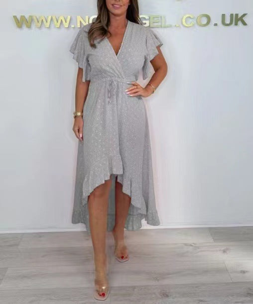 Women’s Wrap Dress – High-Low Hem – Ruffled Sleeves – Adjustable Waist – Luxury Fabric