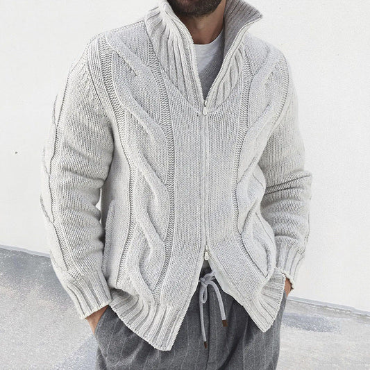 Men’s Knit Cardigan – Wool Blend – Relaxed Fit – High Neck – Cable Sleeve – Zip Front