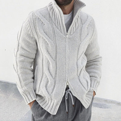 Men’s Knit Cardigan – Wool Blend – Relaxed Fit – High Neck – Cable Sleeve – Zip Front