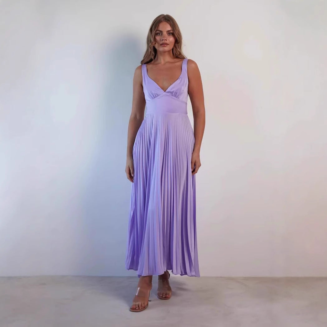 Women’s Midi Dress – Satin Feel – A-Line Fit – V-Neck – Pleated Skirt – Spaghetti Straps