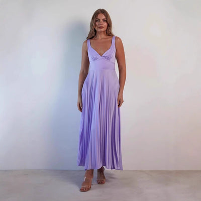 Women’s Midi Dress – Satin Feel – A-Line Fit – V-Neck – Pleated Skirt – Spaghetti Straps