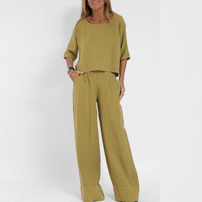 Women’s Two-Piece Set – Linen Blend – Relaxed Fit – Short Sleeve Top & Wide-Leg Trousers