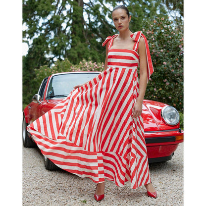 Women’s Maxi Dress – Cotton Blend – Smocked Bodice – Tie Straps – Striped Flowy Skirt