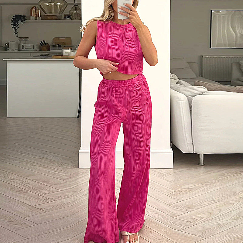 Women’s Two-Piece Set – Sleeveless Crop Top – High-Waist Relaxed Trousers – Textured Fabric