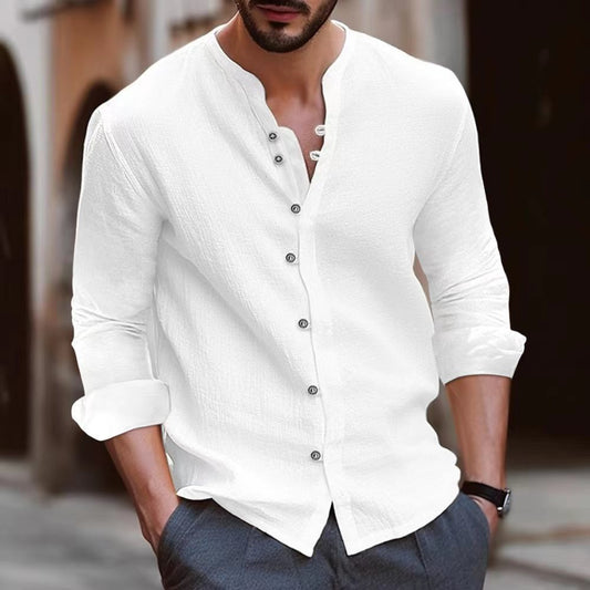 Men’s Long Sleeve Shirt – Cotton Linen Blend – Relaxed Fit – Band Collar – Button Up