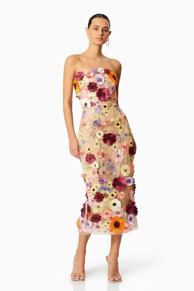 Women’s Strapless Dress – Slim Fit – 3D Floral Appliqué – Sheer Tulle – Midi Length