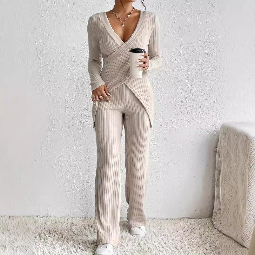 Women’s Knit Lounge Set – Wrap Long Sleeve Top – Straight-Leg Elastic Waist Pants
