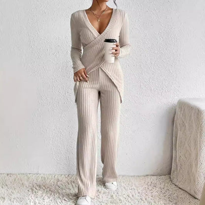 Women’s Knit Lounge Set – Wrap Long Sleeve Top – Straight-Leg Elastic Waist Pants