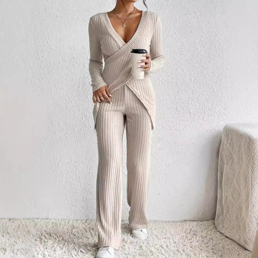 Women’s Knit Lounge Set – Wrap Long Sleeve Top – Straight-Leg Elastic Waist Pants