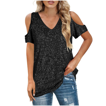 Women’s V-Neck Top – Sequin Front – Cold Shoulder – Relaxed Fit – Short Sleeve