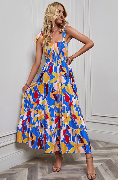 Women’s Maxi Dress – Smocked Bodice – Tie Straps – Tiered Skirt – Backless Elegant Fit