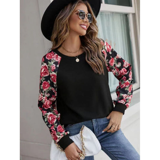 Women’s Sweatshirt – Relaxed Fit – Floral Raglan Sleeves – Soft Knit Casual Style