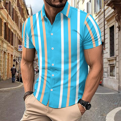 Men’s Short Sleeve Shirt – Slim Fit – Cotton – Vertical Stripe – Button Up Casual