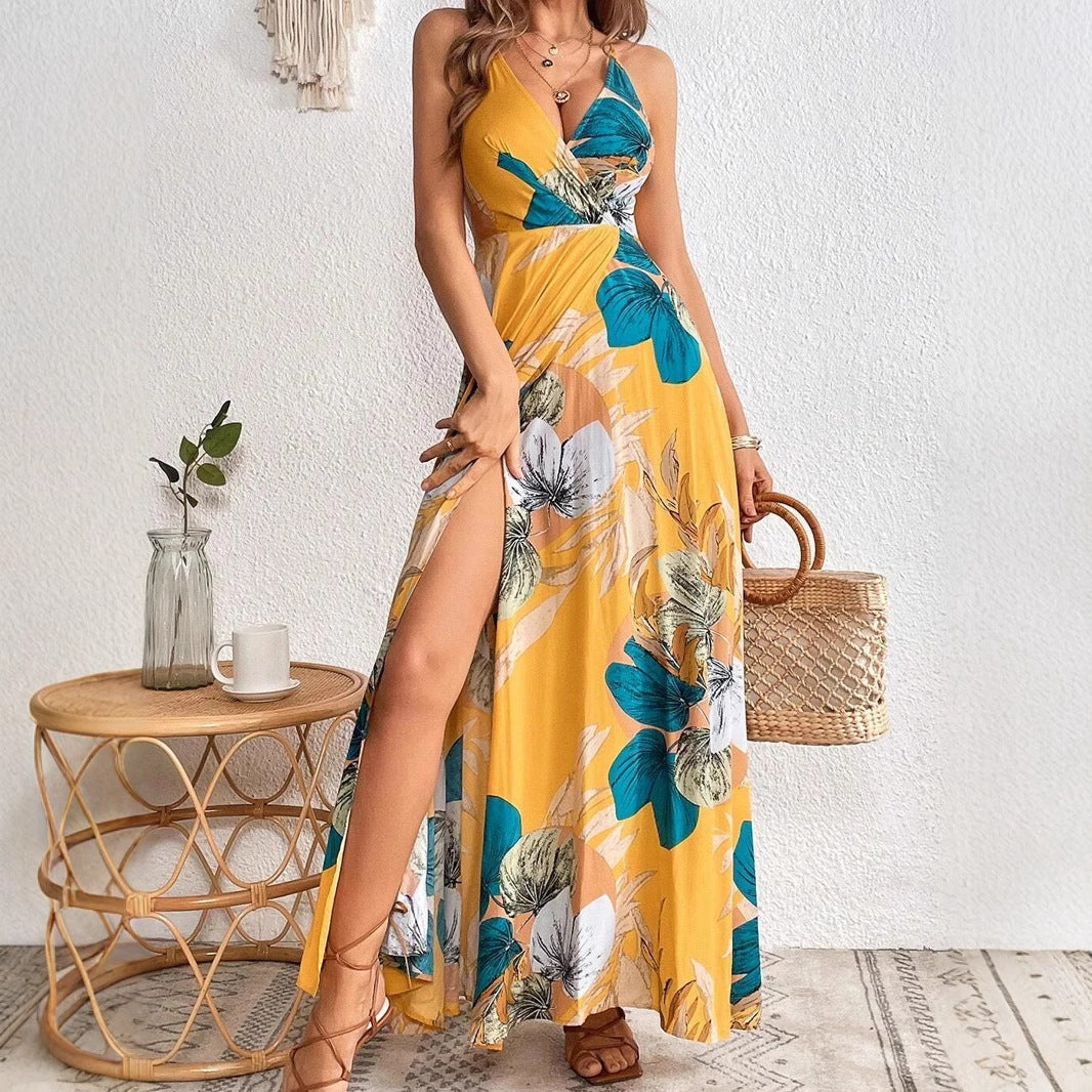 Women’s Maxi Dress – Tropical Floral Print – Deep V-Neck – High Slit – Relaxed Fit