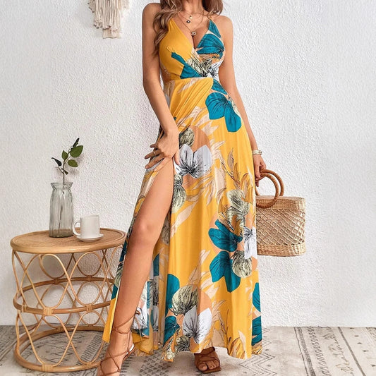 Women’s Maxi Dress – Tropical Floral Print – Deep V-Neck – High Slit – Relaxed Fit