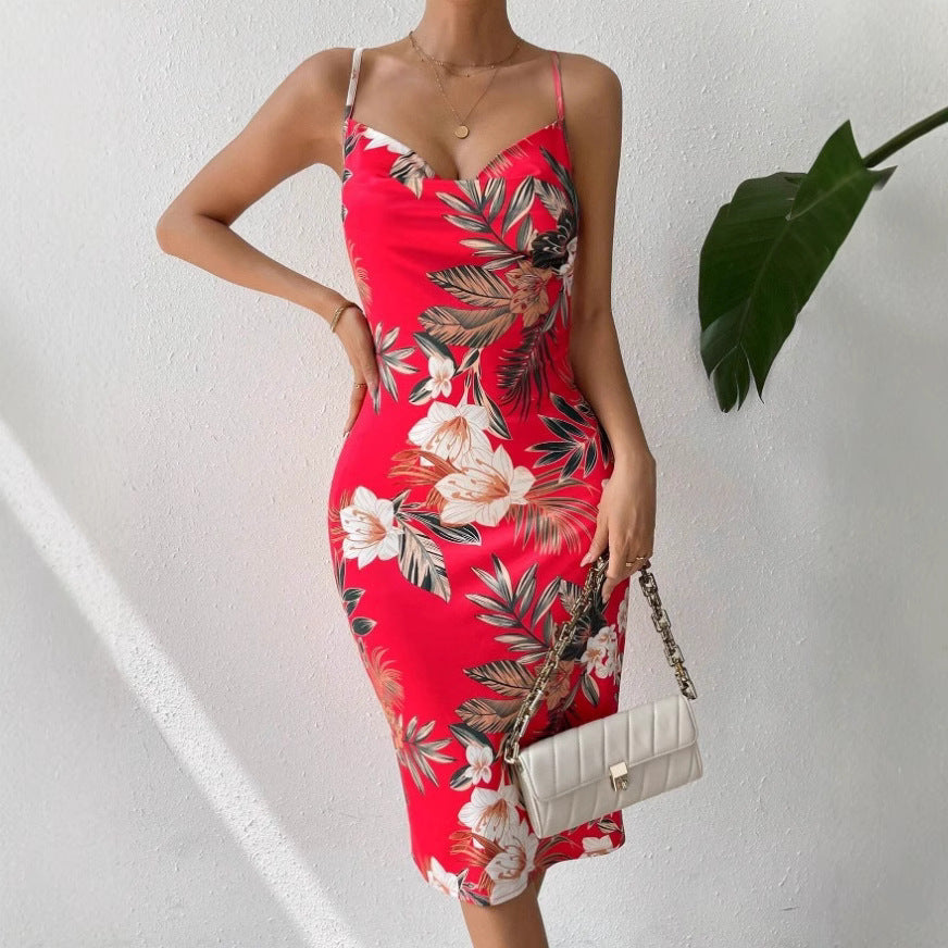 Women’s Midi Dress – Fitted Silhouette – Spaghetti Straps – Scoop Neck – Floral Print