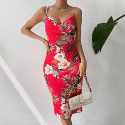 Women’s Midi Dress – Fitted Silhouette – Spaghetti Straps – Scoop Neck – Floral Print