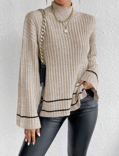 Women’s Knitted Sweater – Oversized Fit – Ribbed Mock Neck – Flared Long Sleeves