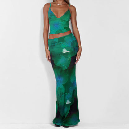 Women’s Vest and Maxi Skirt Set – Fitted Silhouette – Satin Feel – Deep V-Neck Straps