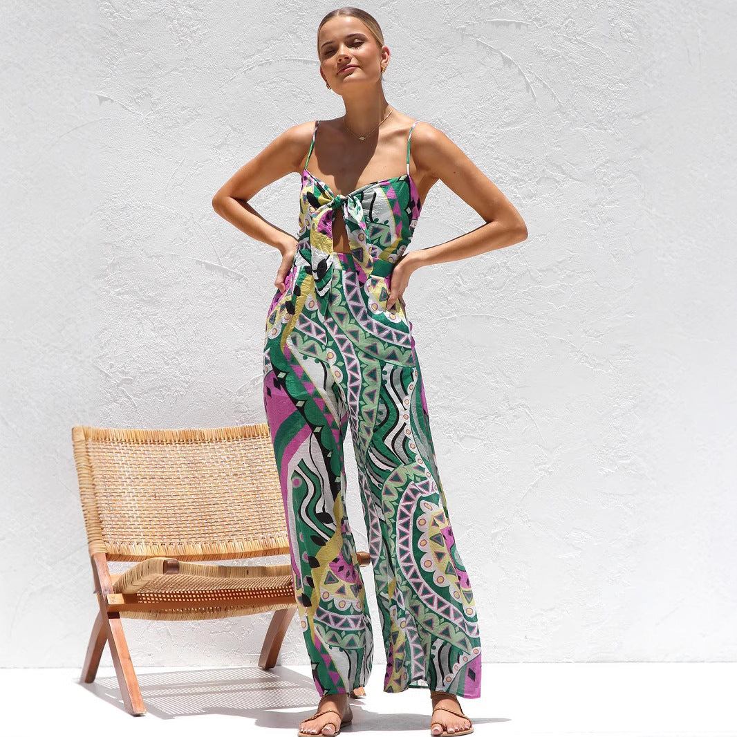 Women’s Jumpsuit – Wide Leg – Spaghetti Strap – Front Cut-Out – Lightweight Cotton