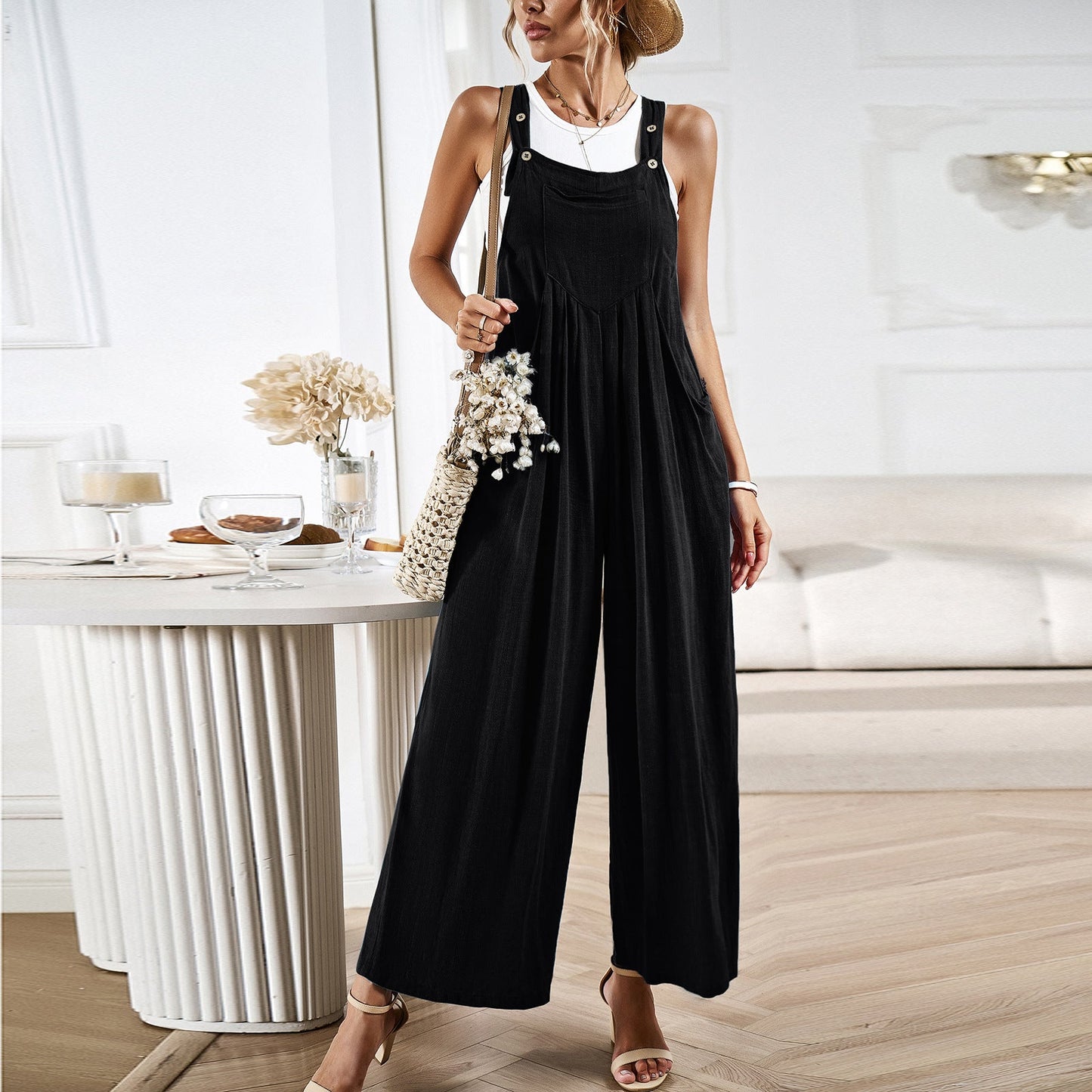 Women’s Overalls – Relaxed Fit – Wide Leg – Cotton Linen Blend – Adjustable Straps