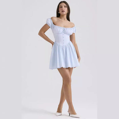 Women’s Mini Dress – Slim Fit – Puff Sleeve – Square Neck – Button Front – Cotton Blend