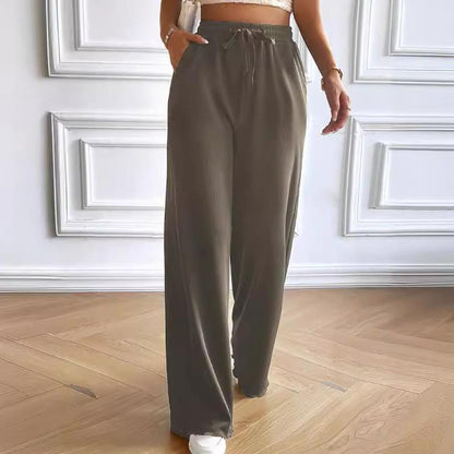 Women’s Wide-Leg Trousers – Lightweight Cotton Blend – Relaxed Fit – Drawstring Waist