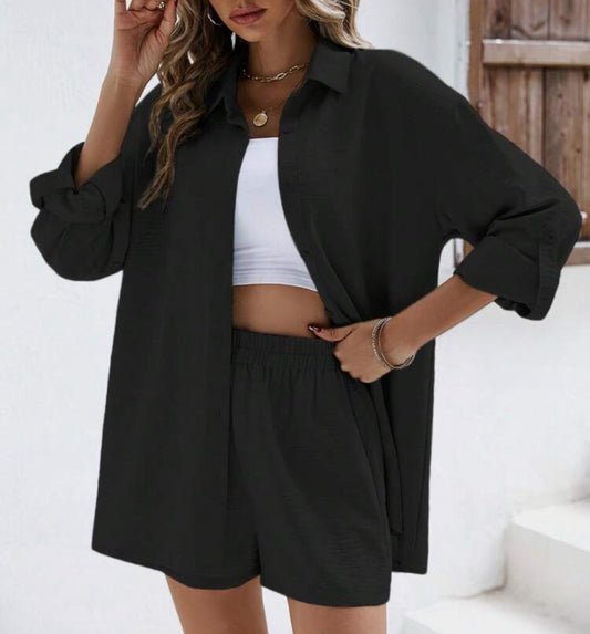 Women's Two-Piece Set - Oversized Button-Up Shirt & Elastic Waist Shorts - Relaxed Fit