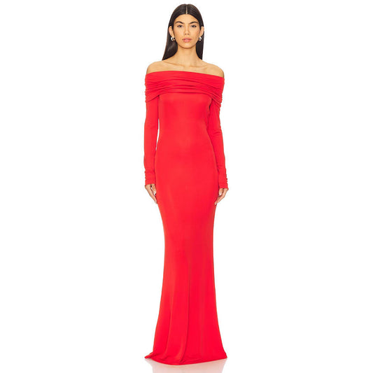 Women’s Evening Dress – Slim Fit – Off-Shoulder – Draped Neckline – Long Sleeve – Full Length