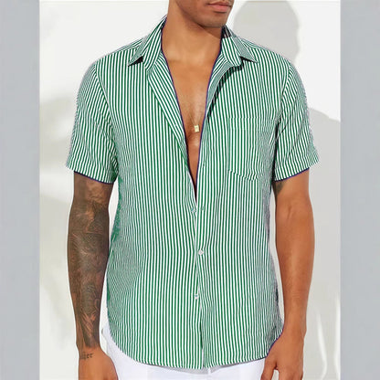 Men’s Casual Shirt – Relaxed Fit – Short Sleeve – Vertical Stripes