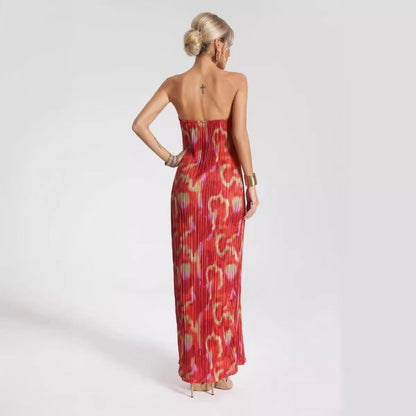 Women’s Maxi Dress – Strapless Slim Fit – Pleated Texture – Abstract Print
