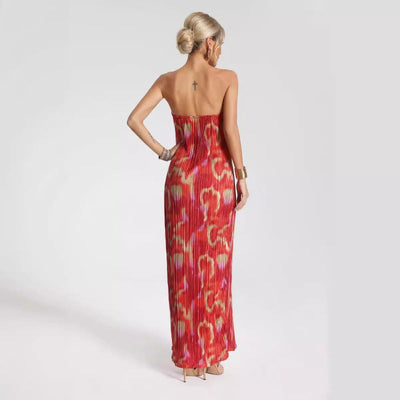 Women’s Maxi Dress – Strapless Slim Fit – Pleated Texture – Abstract Print
