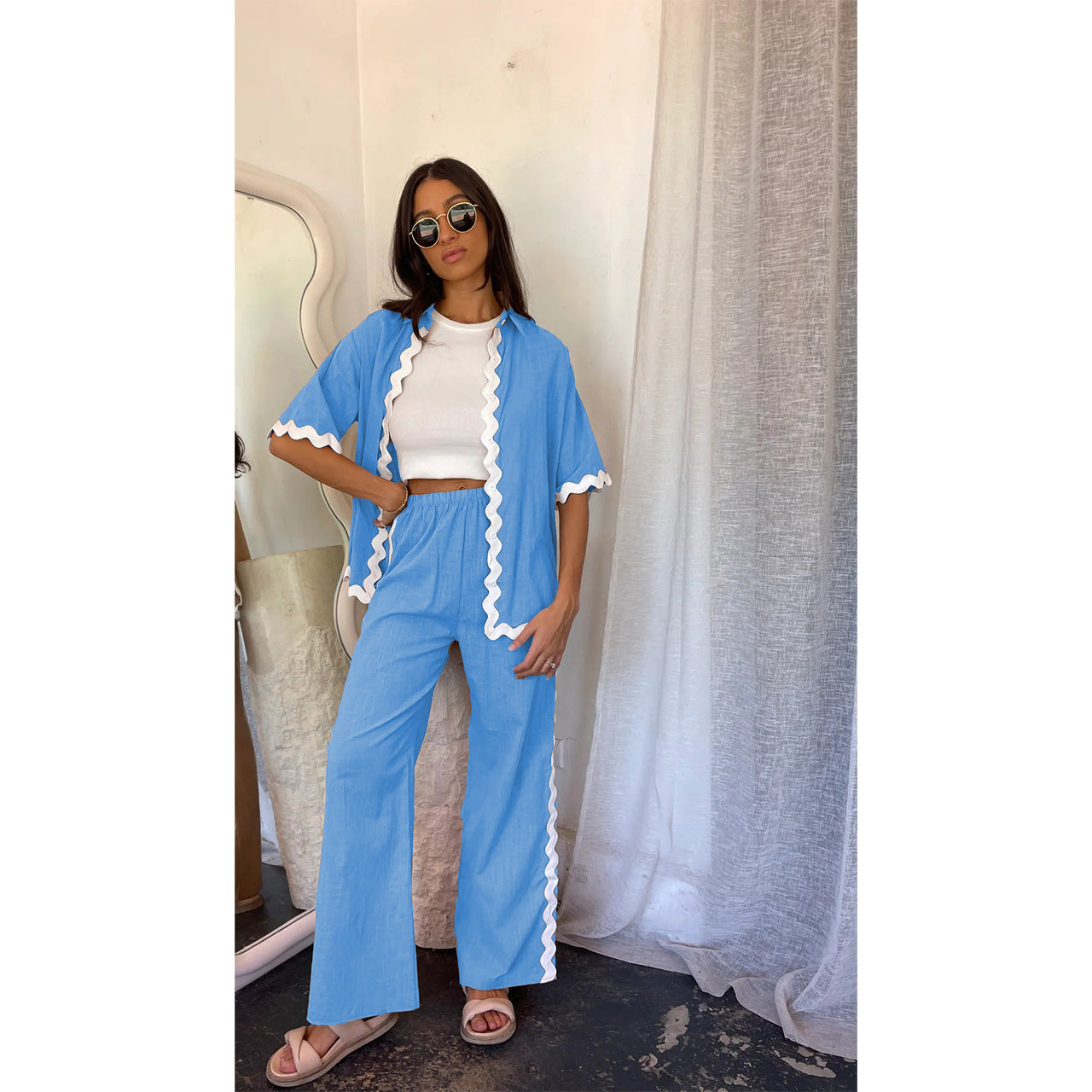 Women’s Two-Piece Set – Lightweight Cotton – Loose Fit – Scalloped Hem – Open Front