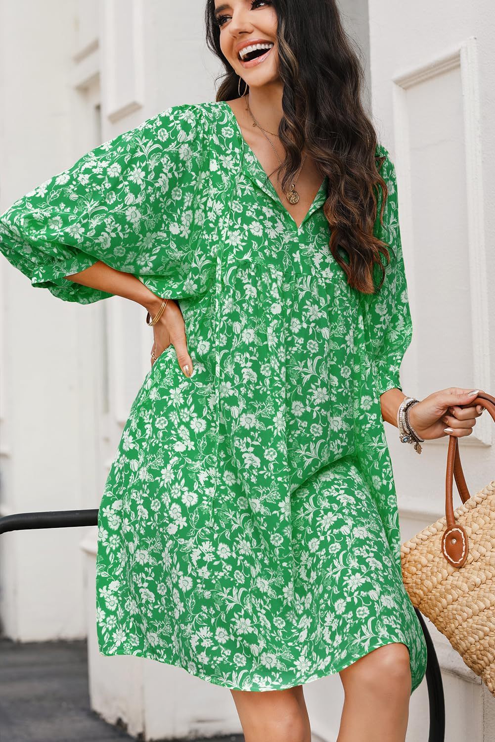 Women’s Midi Dress – V-Neck – Lantern Sleeve – Relaxed Fit – Bohemian Floral Print