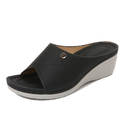 Women’s Wedge Slide Sandals – Open Toe – Perforated Strap – Cushioned Footbed