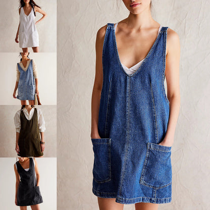 Women’s Mini Dress – Relaxed Fit – Natural Fibers – Deep V-Neck – Sleeveless – Pockets