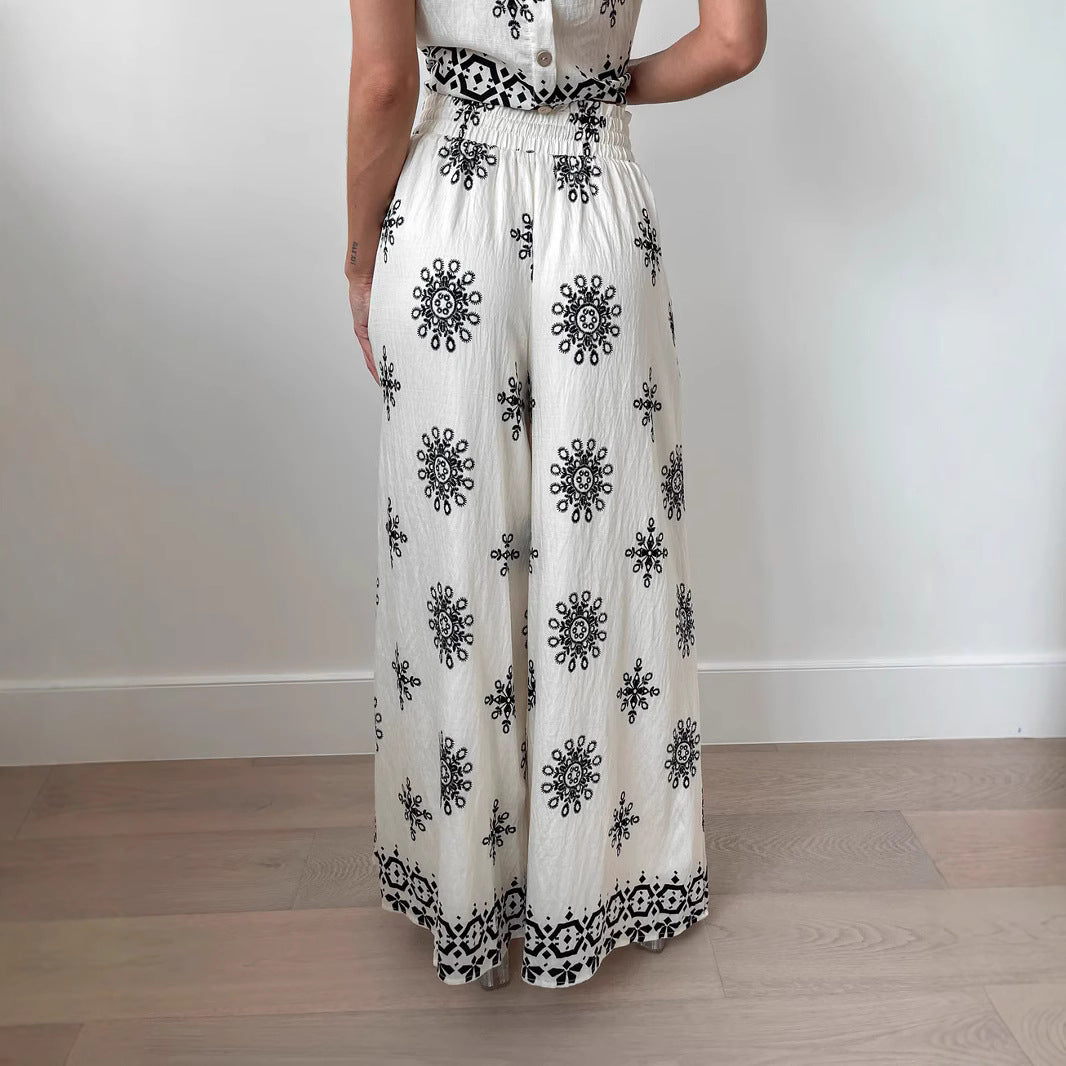 Women’s Two-Piece Set – Embroidered Crop Top – High Waist Wide-Leg Pants – Cotton Blend