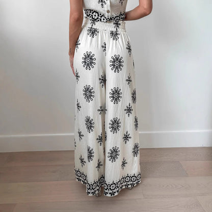 Women’s Two-Piece Set – Embroidered Crop Top – High Waist Wide-Leg Pants – Cotton Blend
