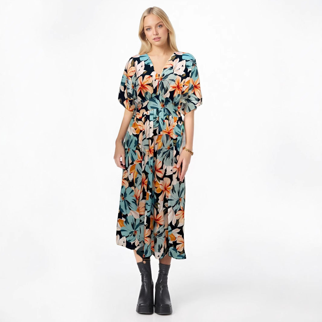 Women’s Midi Dress – High Waist – V-Neck – Short Wide Sleeves – Slit Skirt – Printed