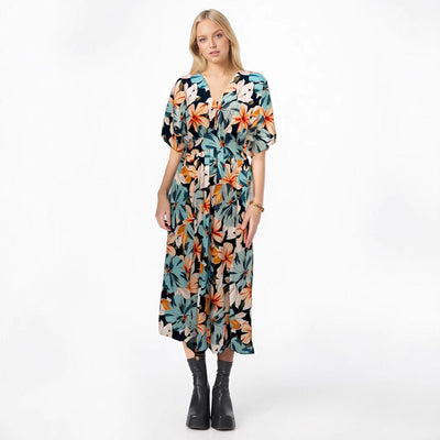 Women’s Midi Dress – High Waist – V-Neck – Short Wide Sleeves – Slit Skirt – Printed