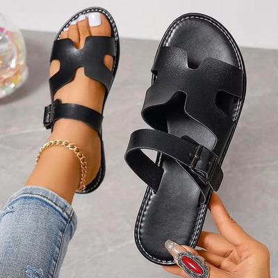 Women’s Sandals – Faux Leather Slip-On – Open Toe – Adjustable Buckle Strap – Flat Sole