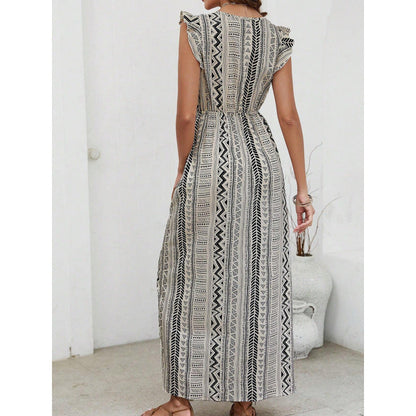 Women’s Maxi Dress – V-Neck – Slim Fit Waist – Side Slit – Ruffle Cap Sleeves – Geometric Print