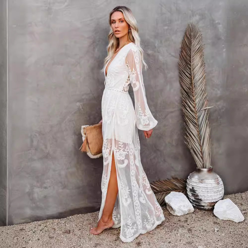 Women’s Long Dress – Lace Chiffon – V-Neck – Sheer Sleeves – High Slit – Formal Wear