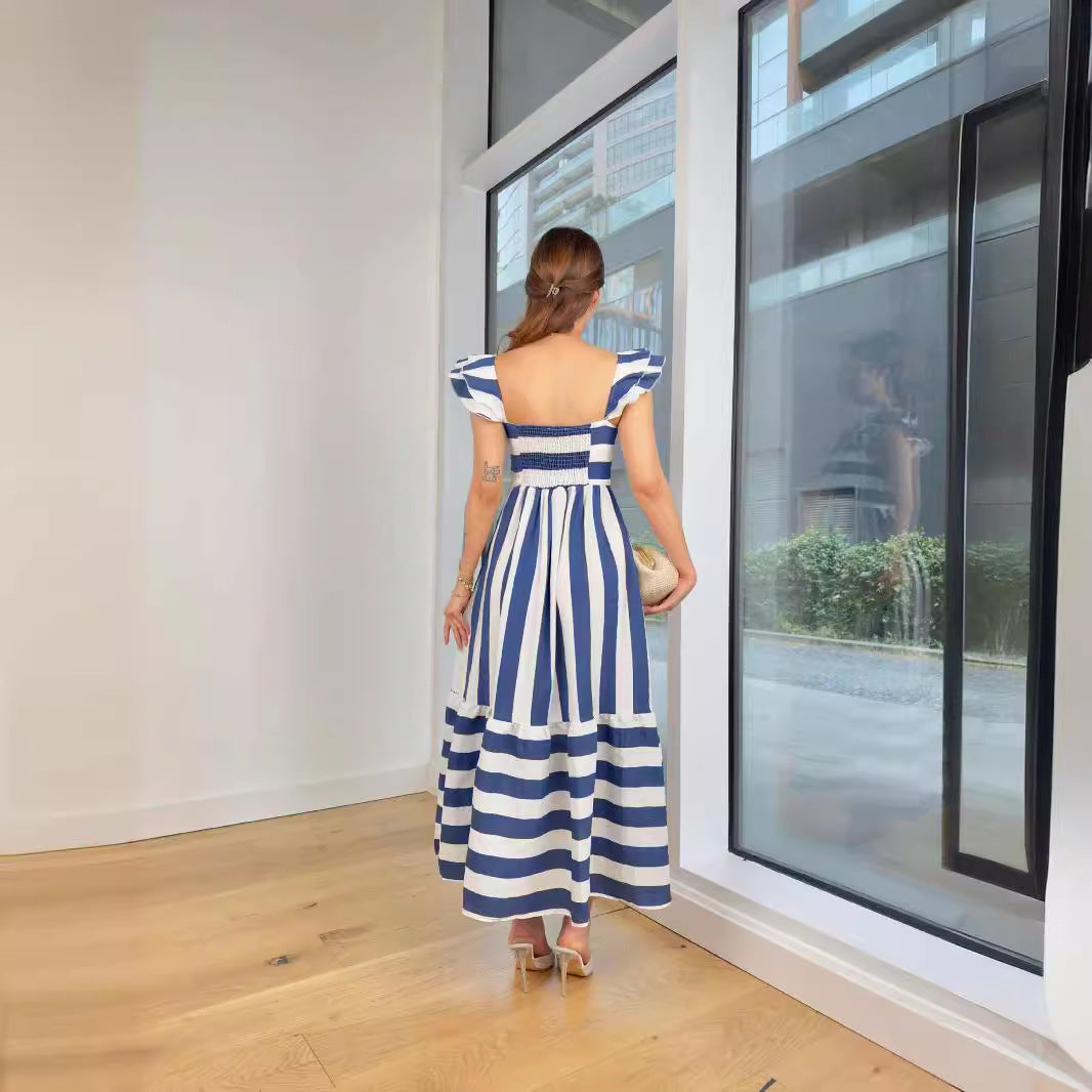 Women’s Midi Dress – Cotton Blend – Relaxed Fit – Off Shoulder – Striped – Ruffle Sleeve