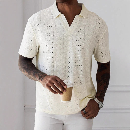 Men’s Knit T-Shirt – Relaxed Fit – Jacquard Lace – V-Neck – Short Sleeve Breathable