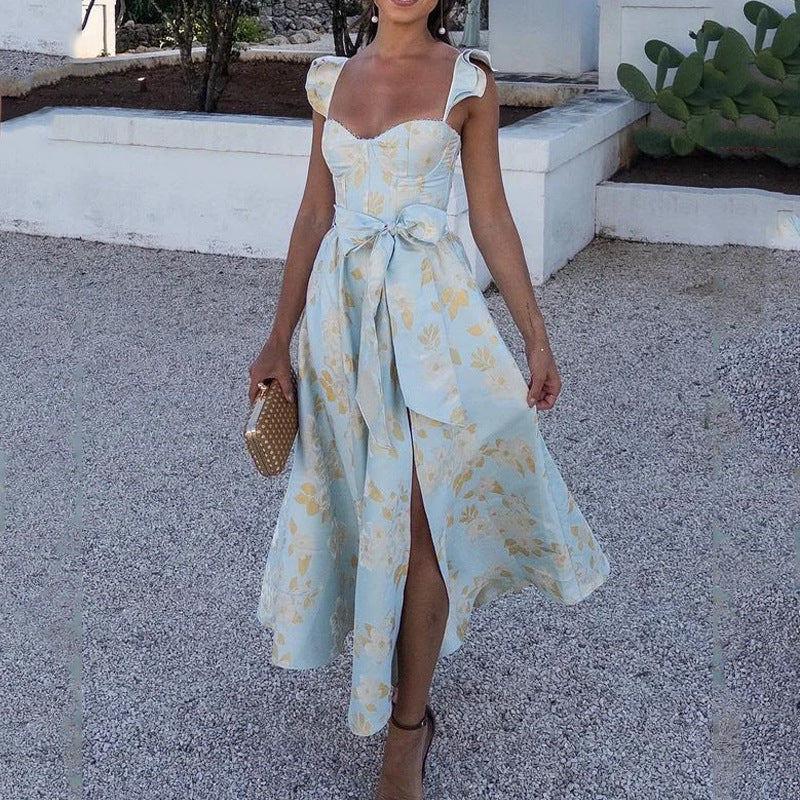 Women’s Maxi Dress – Floral Print – Sweetheart Neckline – Tie Straps – Cotton A-Line