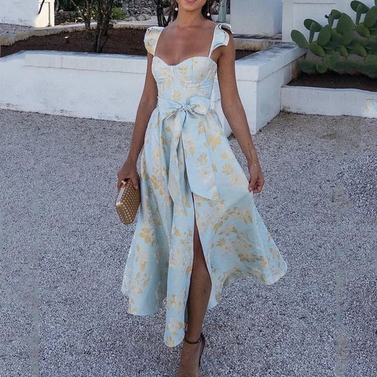 Women’s Maxi Dress – Floral Print – Sweetheart Neckline – Tie Straps – Cotton A-Line