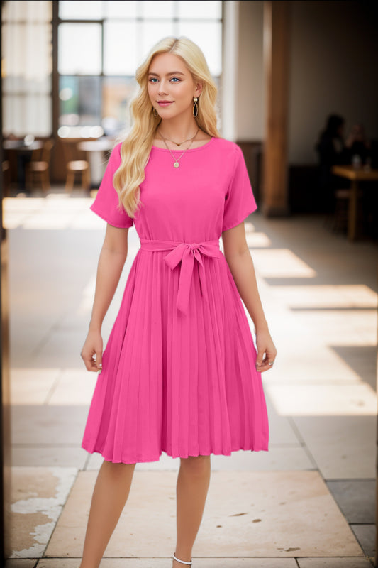 Women's Midi Dress - Short Sleeve - Tie Waist - Pleated Skirt